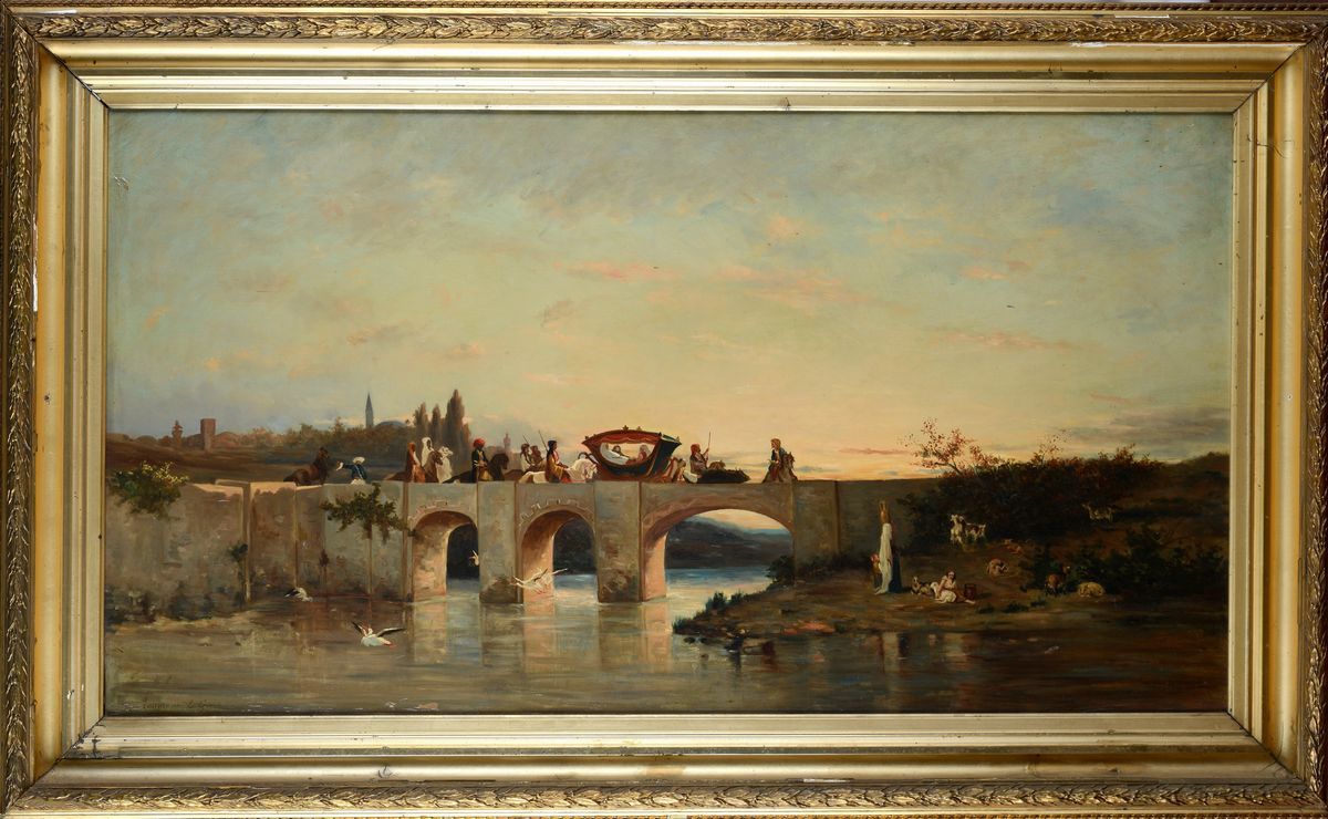 Anonimo Francese, XIX Sec. - Carovana sul Ponte a Tournemine