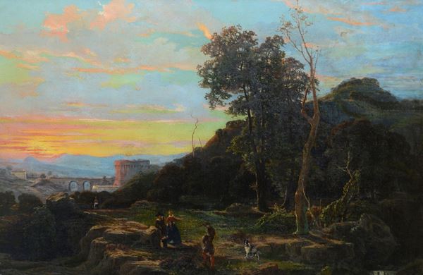 Michele Cammarano - Paesaggio con figure al tramonto