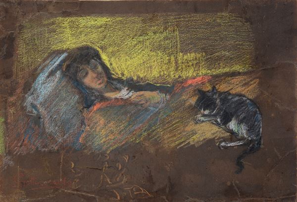 Giovanni Sottocornola - Reclining woman with cat
