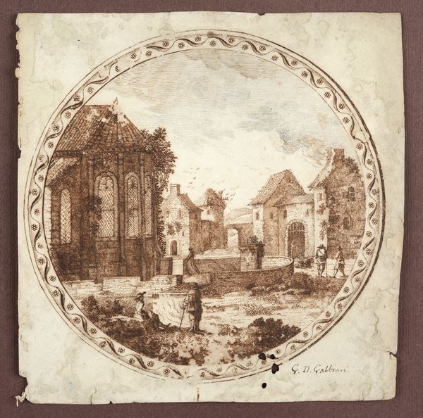 Anonimo, XVIII - XIX sec. - Paesaggio con figure e case