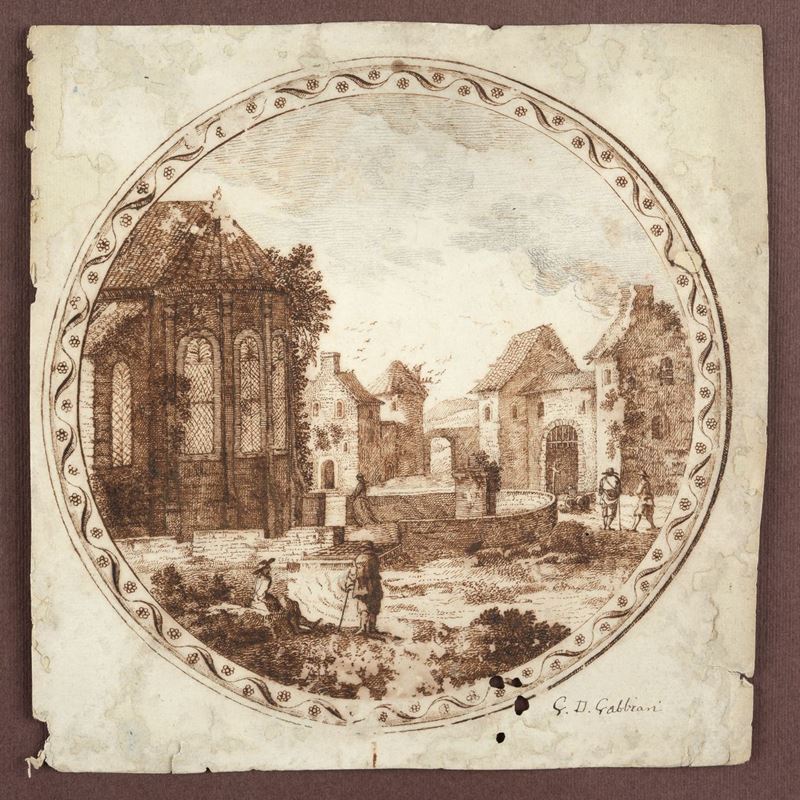 Anonimo, XVIII - XIX Sec. - Paesaggio con Figure e Case