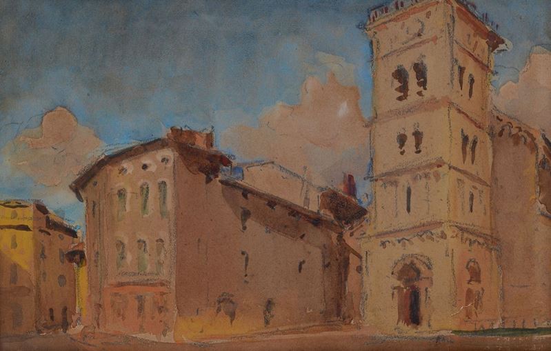 Anonimo, XX Sec. - Paesaggio con Case e Torre