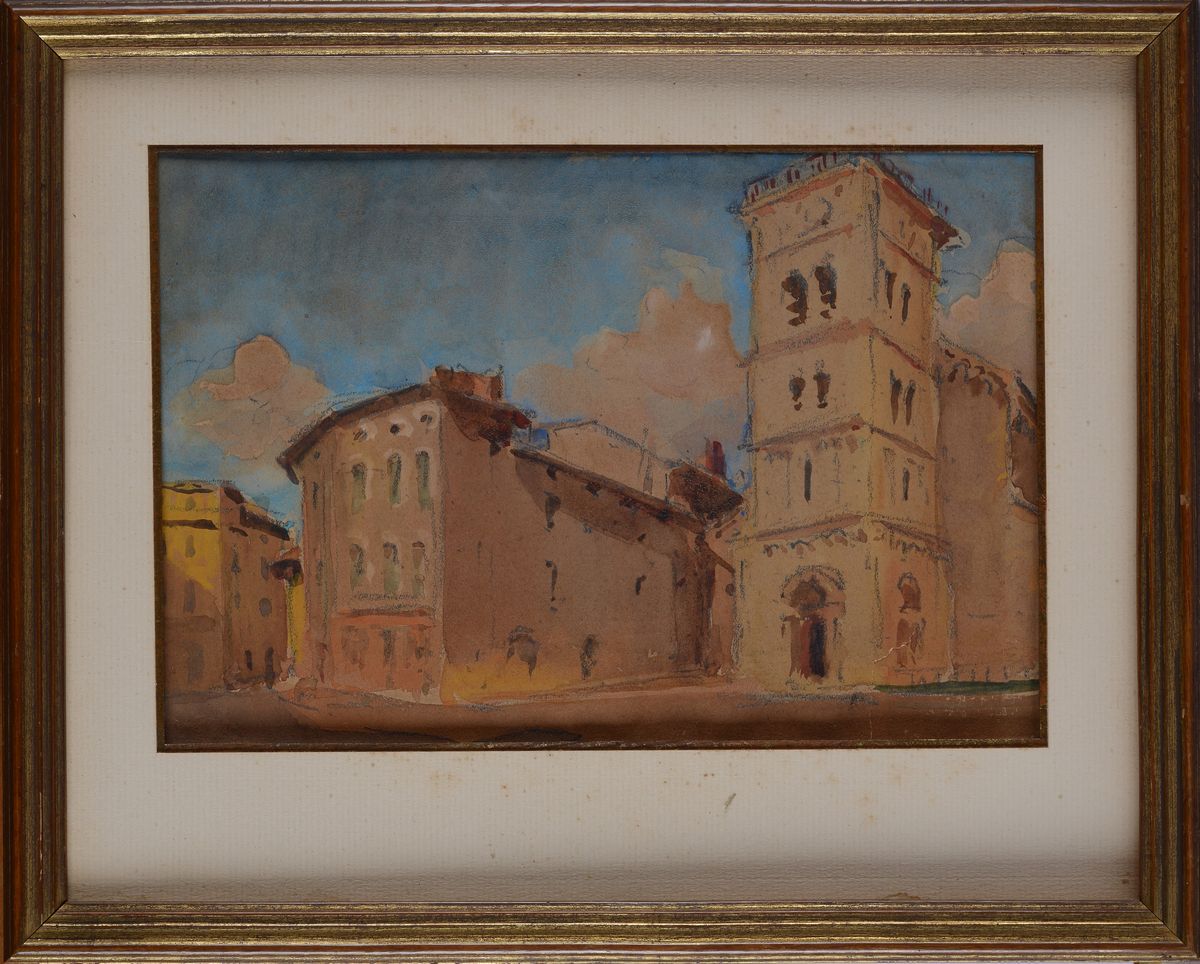 Anonimo, XX Sec. - Paesaggio con Case e Torre