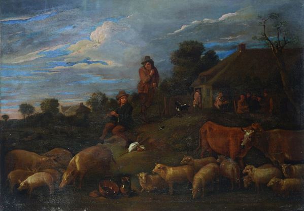 Scuola Fiamminga, XVIII sec. - Landscape with Peasants and Shepherds