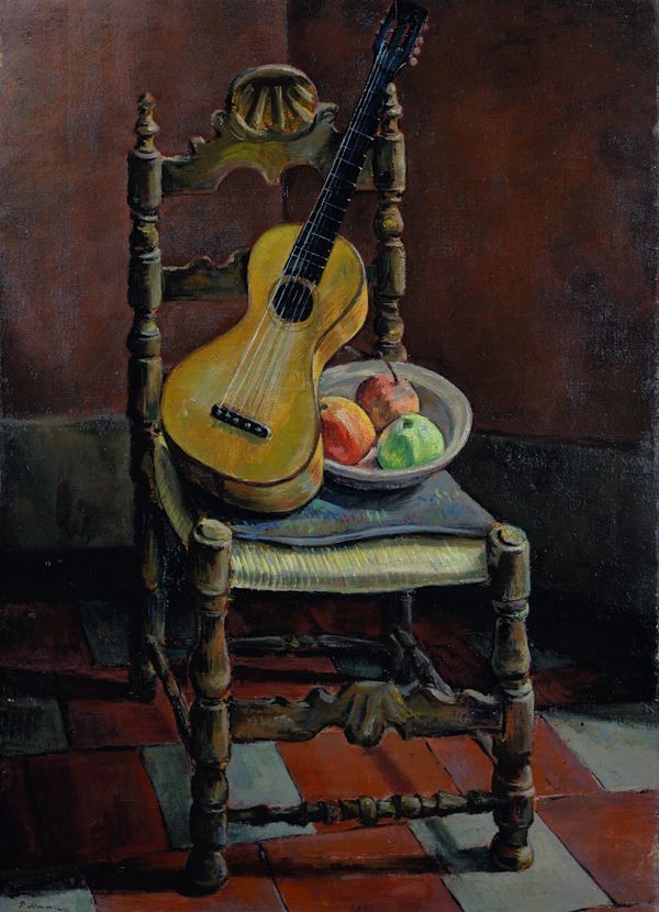 Piero Marussig - Still life with guitar (front) - Portrait of a woman (back)