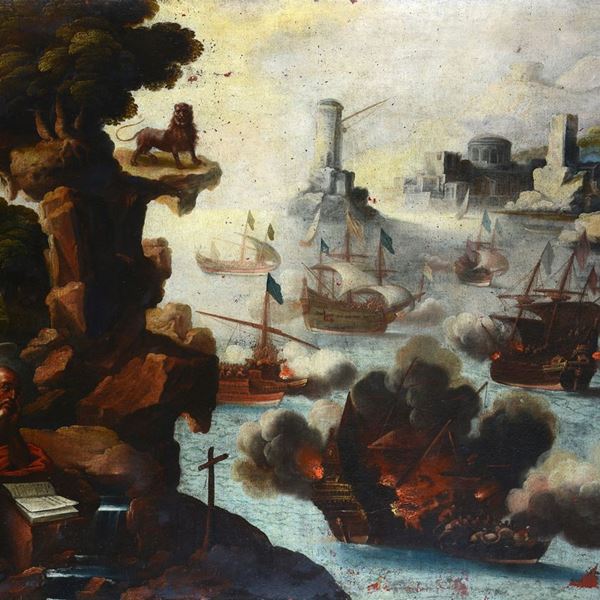 Scuola Italia Settentrionale, XVI - XVII sec. - San Gerolamo in meditazione durante una battaglia navale