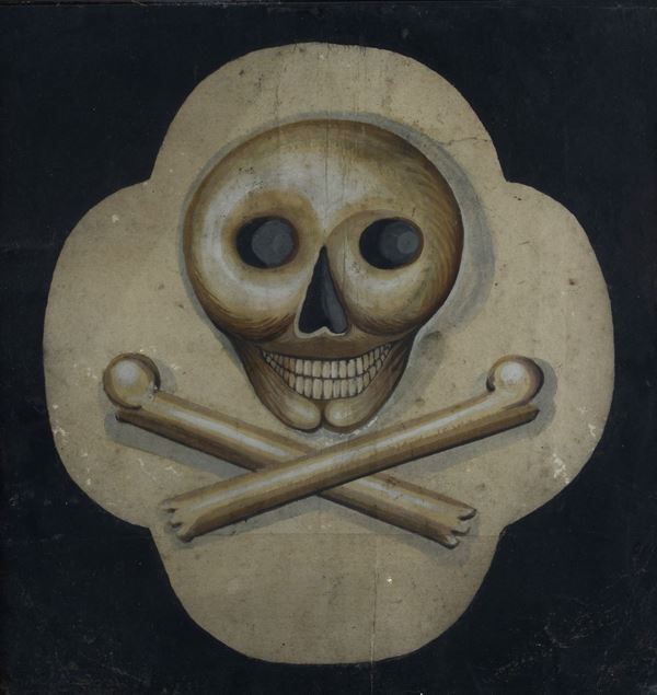 Anonimo, XIX sec. : Skull and crossbones (memento mori)  - Oil on paper - Auction ANTIQUES, AUTHORS OF XIX AND XX CENTURY - I - Galleria Pananti Casa d'Aste