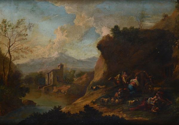 Attr. a Francesco Zuccarelli - Paesaggio con contadini e armenti