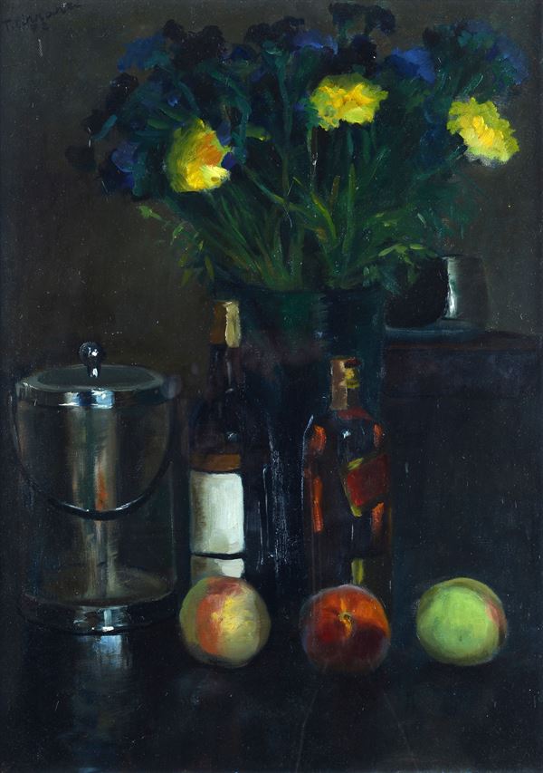 Nino Tirinnanzi - Still life with flowers, bottles and ice bucket
