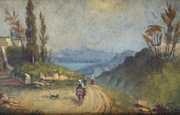 Anonimo, XX sec. - Paesaggio con contadine e asinella
