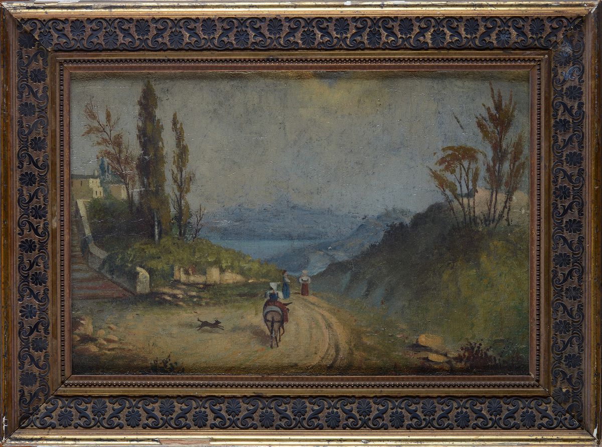 Anonimo, XX Sec. - Paesaggio con Contadine e Asinella