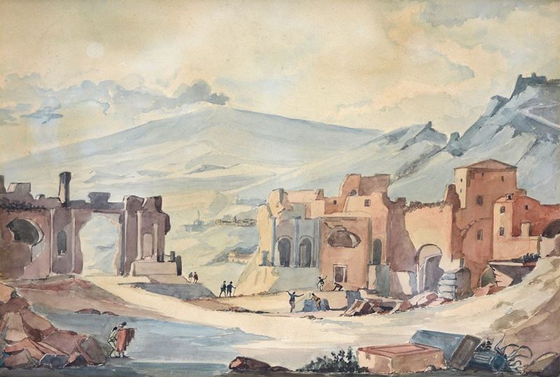 Anonimo, XIX - XX Sec. - Paesaggio con Rovine e Figure