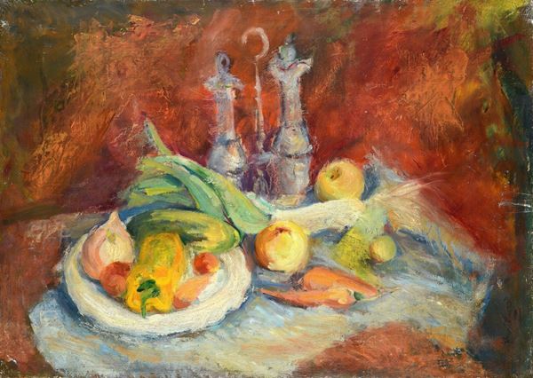 Anonimo, XX sec. - Still life with cruet and fruit