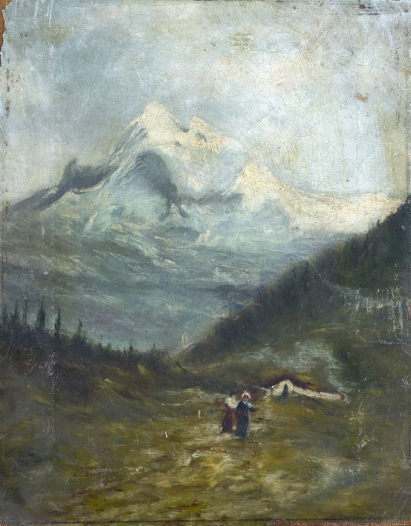 Anonimo, XX sec. - Mountain landscape with figures
