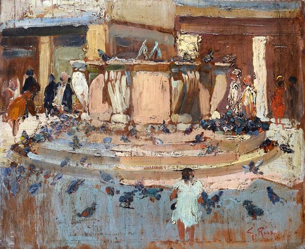Anonimo, XX sec. - Square with fountain and figures