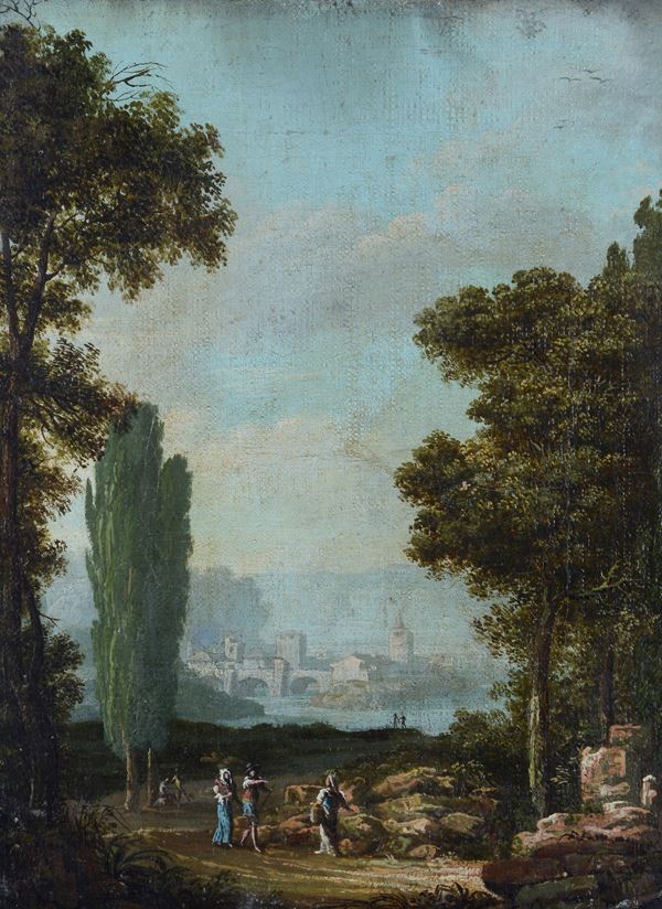Scuola Veneta, fine XVIII sec. - Paesaggio con figure e città sullo sfondo