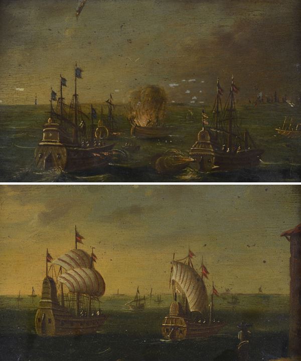 Scuola Olandese, XIX sec. - Coppia di battaglie navali