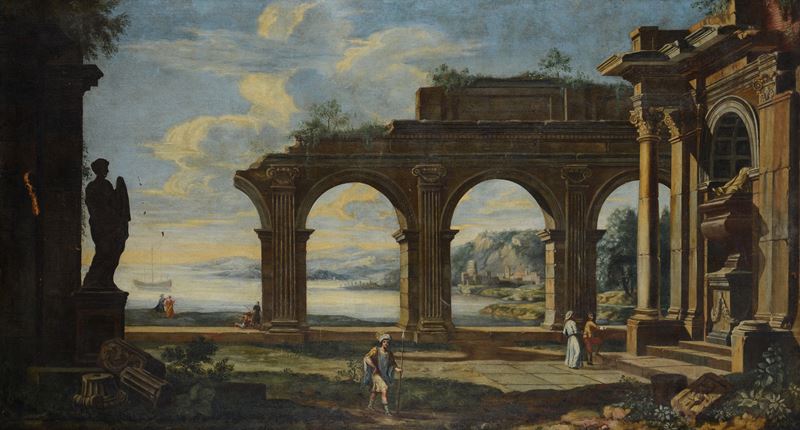 Scuola Italia Settentrionale, XVIII Sec. - Paesaggio con Rovine e Figure