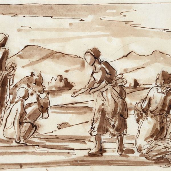 Anonimo, XIX sec. : Paesaggio con figure  - Inchiostro su carta - Auction ANTIQUES - Galleria Pananti Casa d'Aste