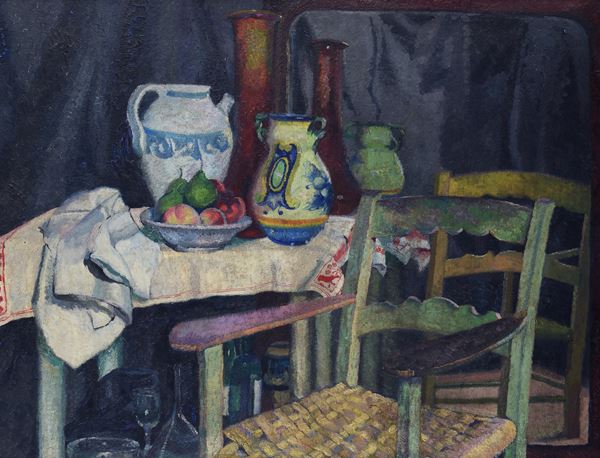 Fillide Levasti - Large still life with high chair in the foreground