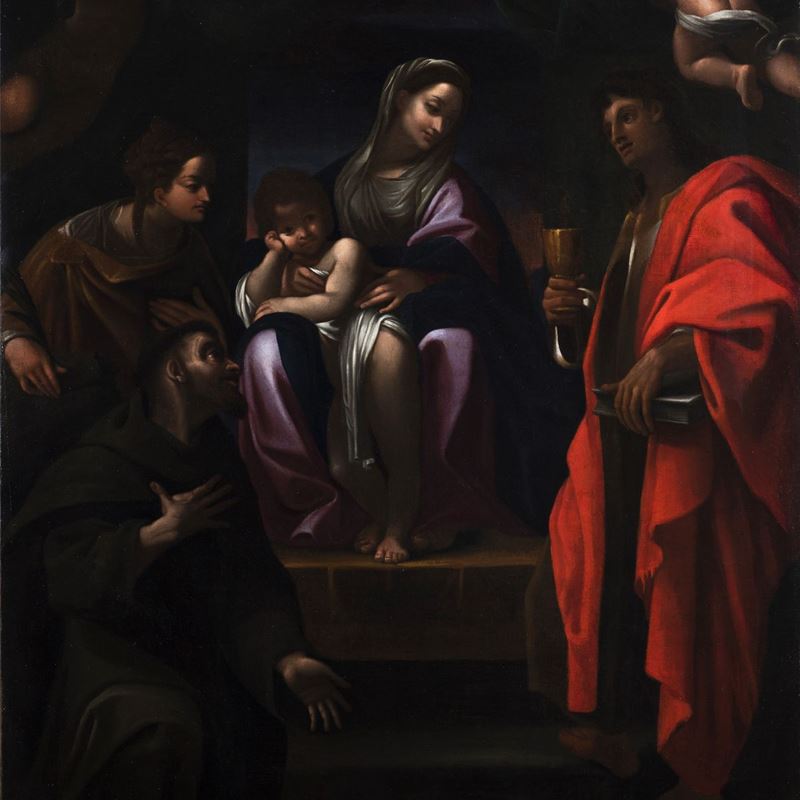 Bottega di Ludovico Carracci - Madonna Col Bambino e i Santi Francesco, Caterina e Giovanni Batti...