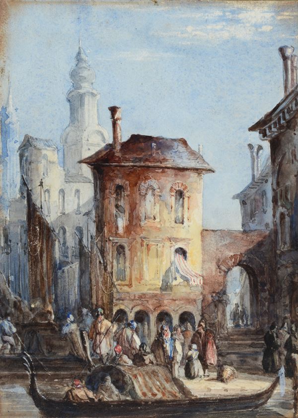 Anonimo, XIX sec. - Glimpse of Venice with palaces and figures