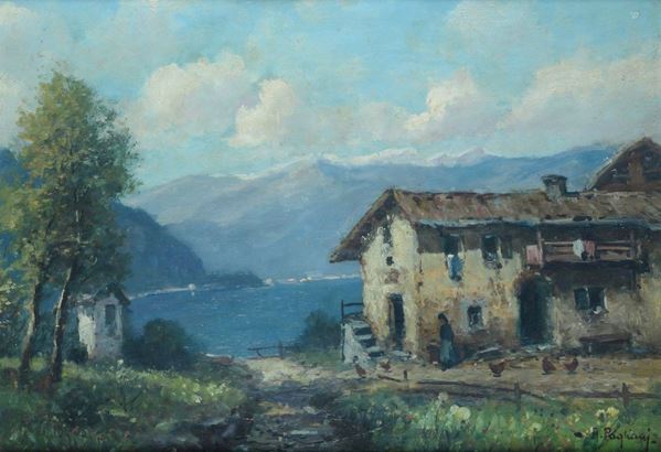 Anonimo, XX sec. - Paesaggio con cascina e lago