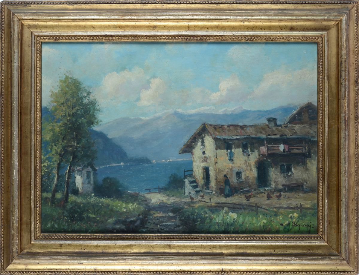 Anonimo, XX Sec. - Paesaggio con Cascina e Lago