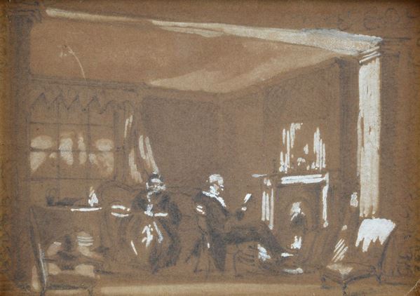 Anonimo, XIX sec. - Interno di salotto con figure