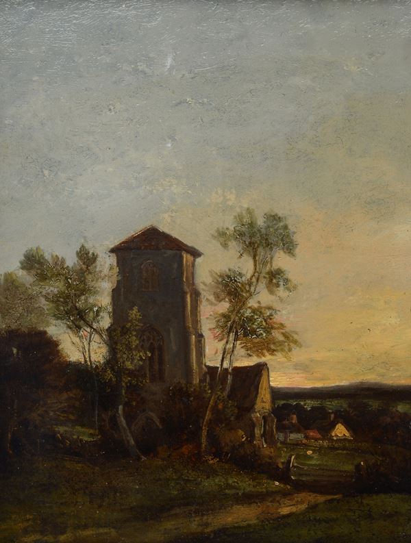 Anonimo, XIX sec. - Paesaggio con torre e casolari