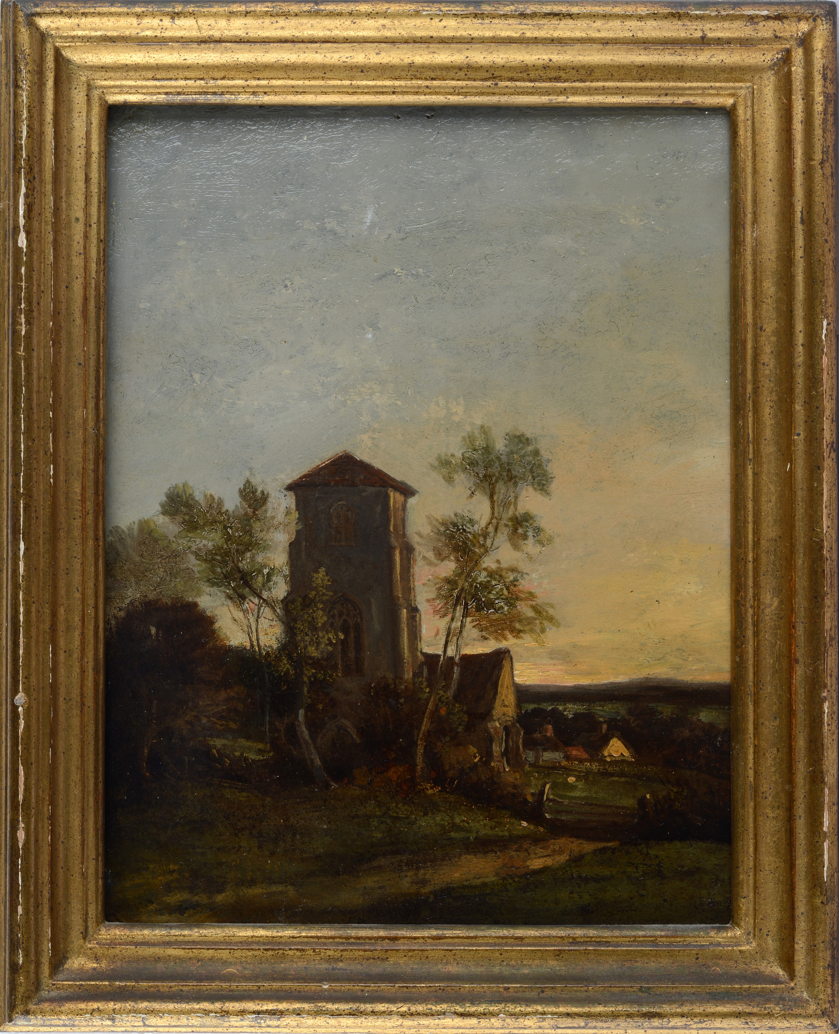 Anonimo, XIX Sec. - Paesaggio con Torre e Casolari