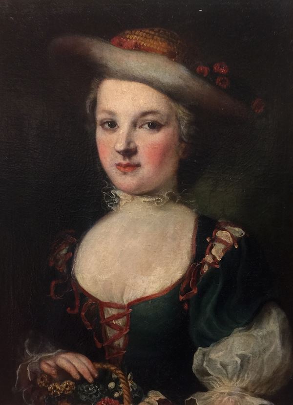 Scuola Veneta, XVIII sec.,Felice Boscarati - Portrait of young woman with basket of flowers  