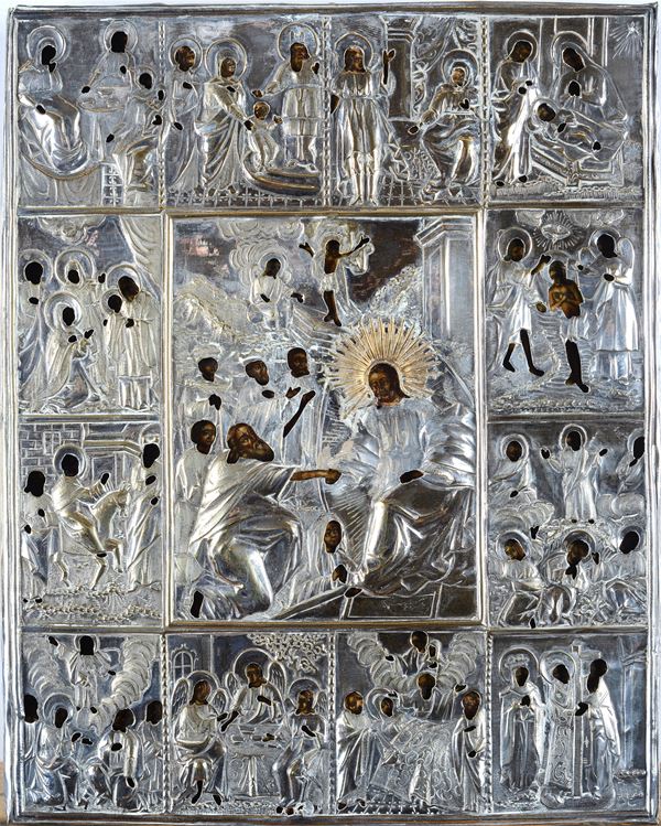Scuola Russa, XIX sec. - Icon with scenes from the life of Christ