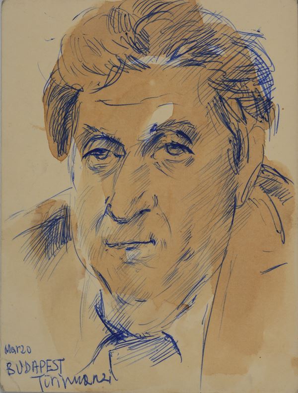 Nino Tirinnanzi : Ritratto   - Penna su carta, colorata con caffè - Asta ARTE MODERNA E CONTEMPORANEA - Galleria Pananti Casa d'Aste