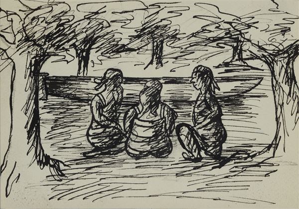 Ottone Rosai : Figures on the lawn (for the Il Bargello magazine)  (1930)  - Indian ink on paper - Auction MODERN AND CONTEMPORARY ART - II - Galleria Pananti Casa d'Aste