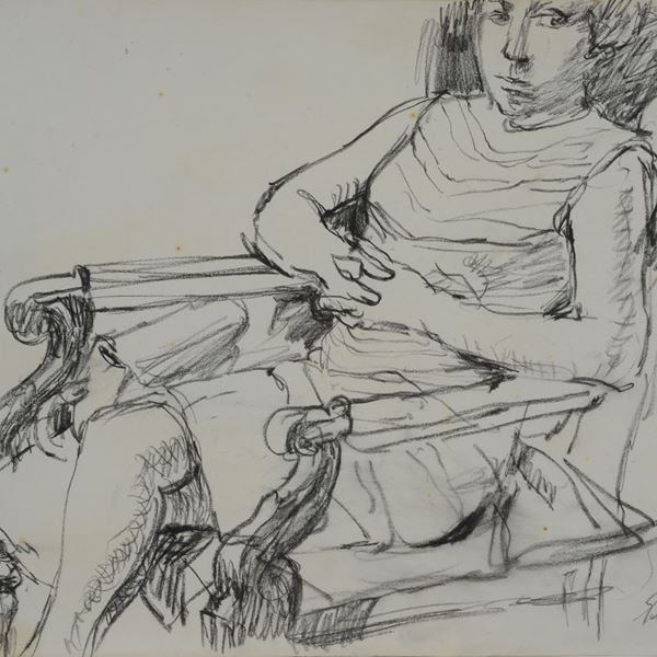 Enzo Faraoni : Seated girl  (1965)  - Charcoal on paper - Auction MODERN  ART - TUSCANY AUTHORS - Galleria Pananti Casa d'Aste