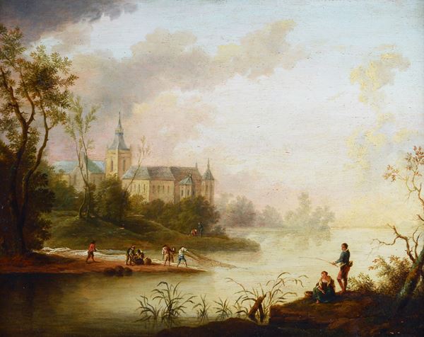 Scuola Fiamminga, XVIII sec. - Paesaggio lacustre con figure e cattedrale