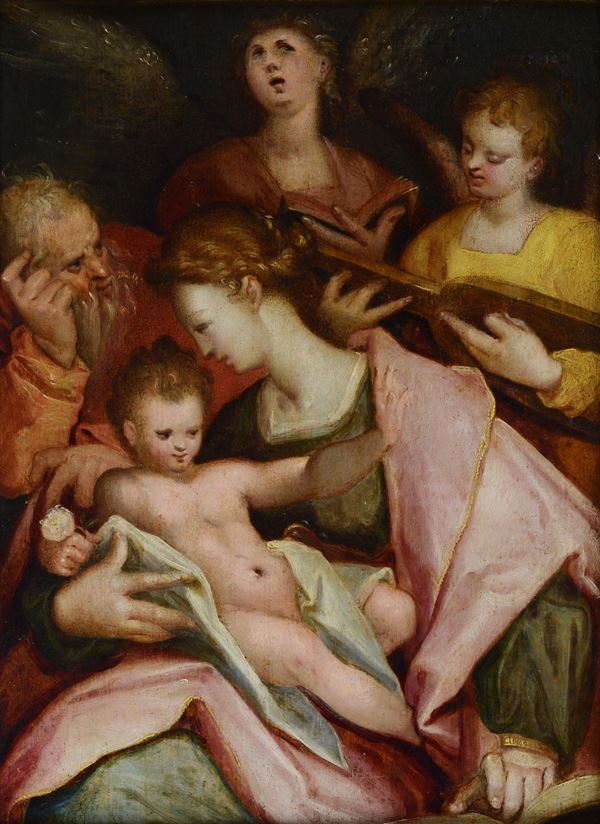 Scuola Fiamminga, XVI sec. - Holy Family with angel musicians