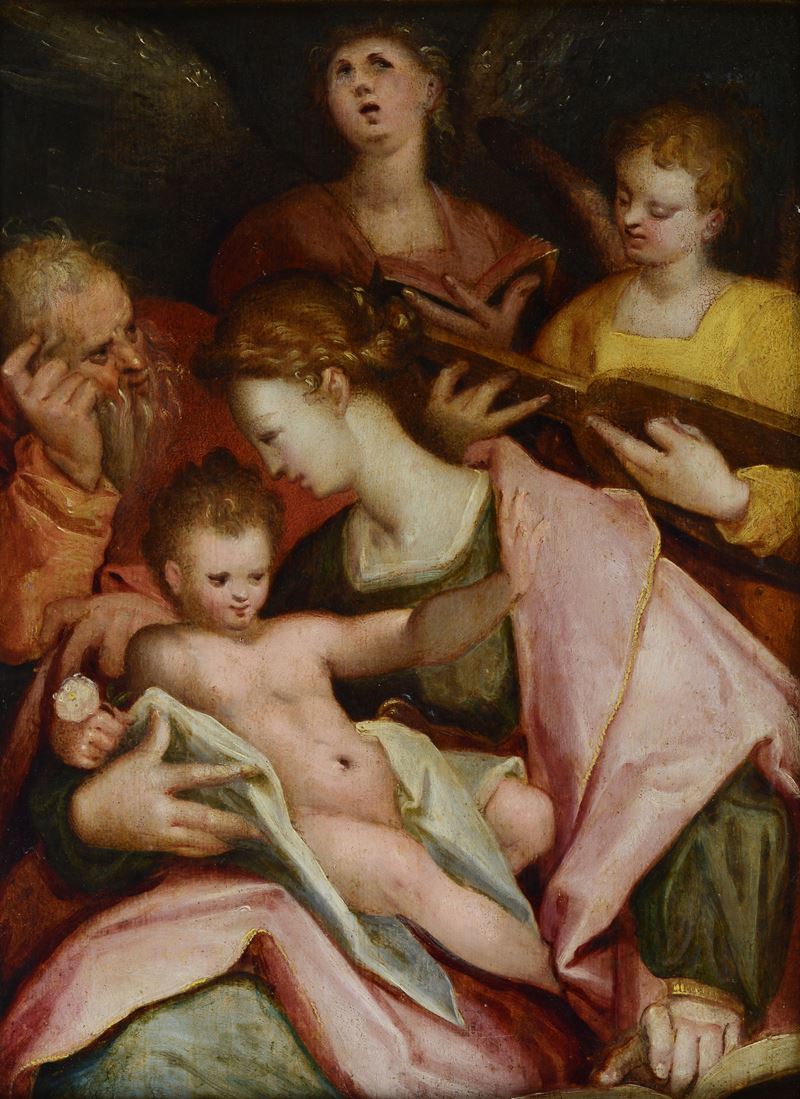 Scuola Fiamminga, XVI Sec. - Sacra Famiglia con Angeli Musicanti
