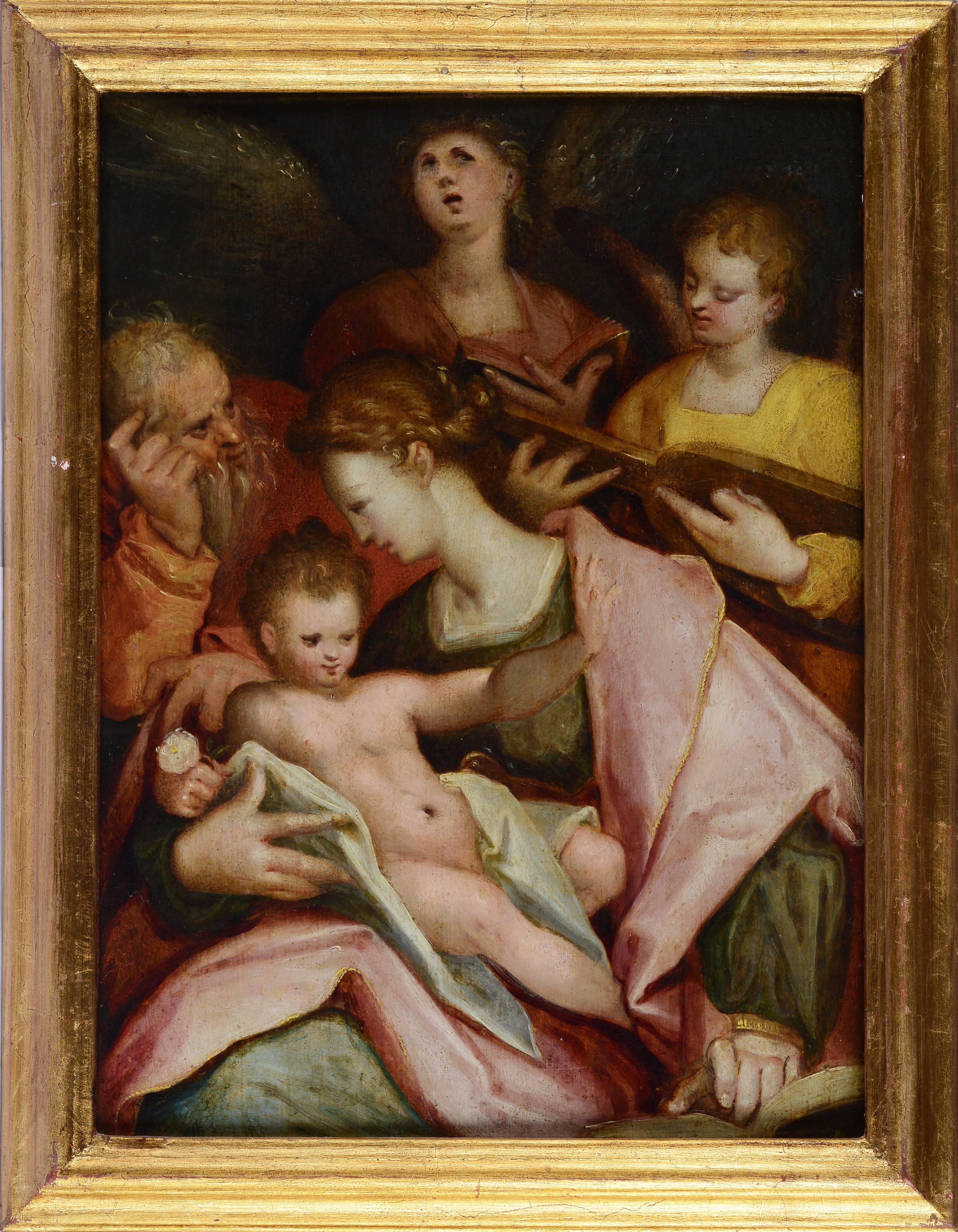 Scuola Fiamminga, XVI Sec. - Sacra Famiglia con Angeli Musicanti
