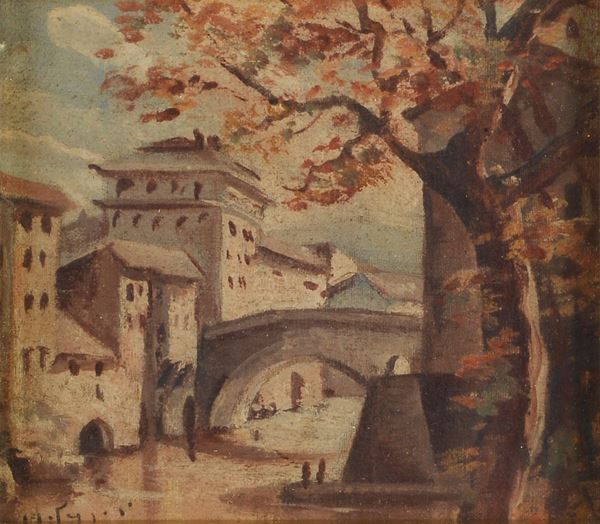 Anonimo, XX sec. - Scorcio di paese con ponte