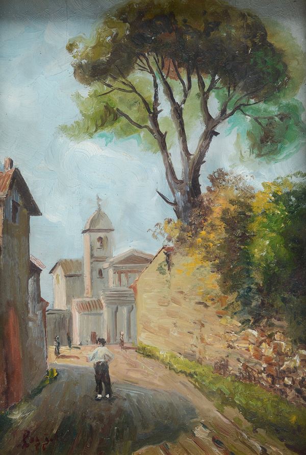 Mario Poggiali - Strada di paese con chiesa sullo sfondo