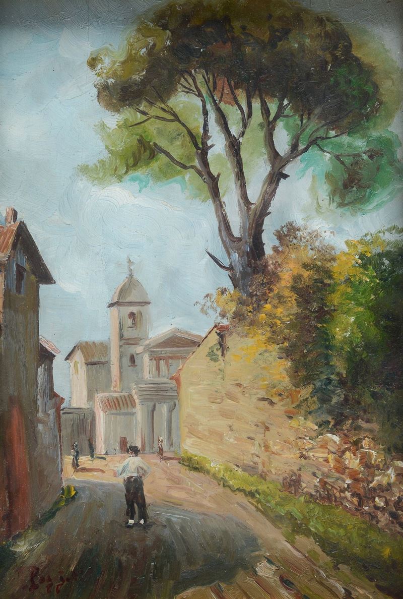 Mario Poggiali - Strada di Paese con Chiesa sullo Sfondo