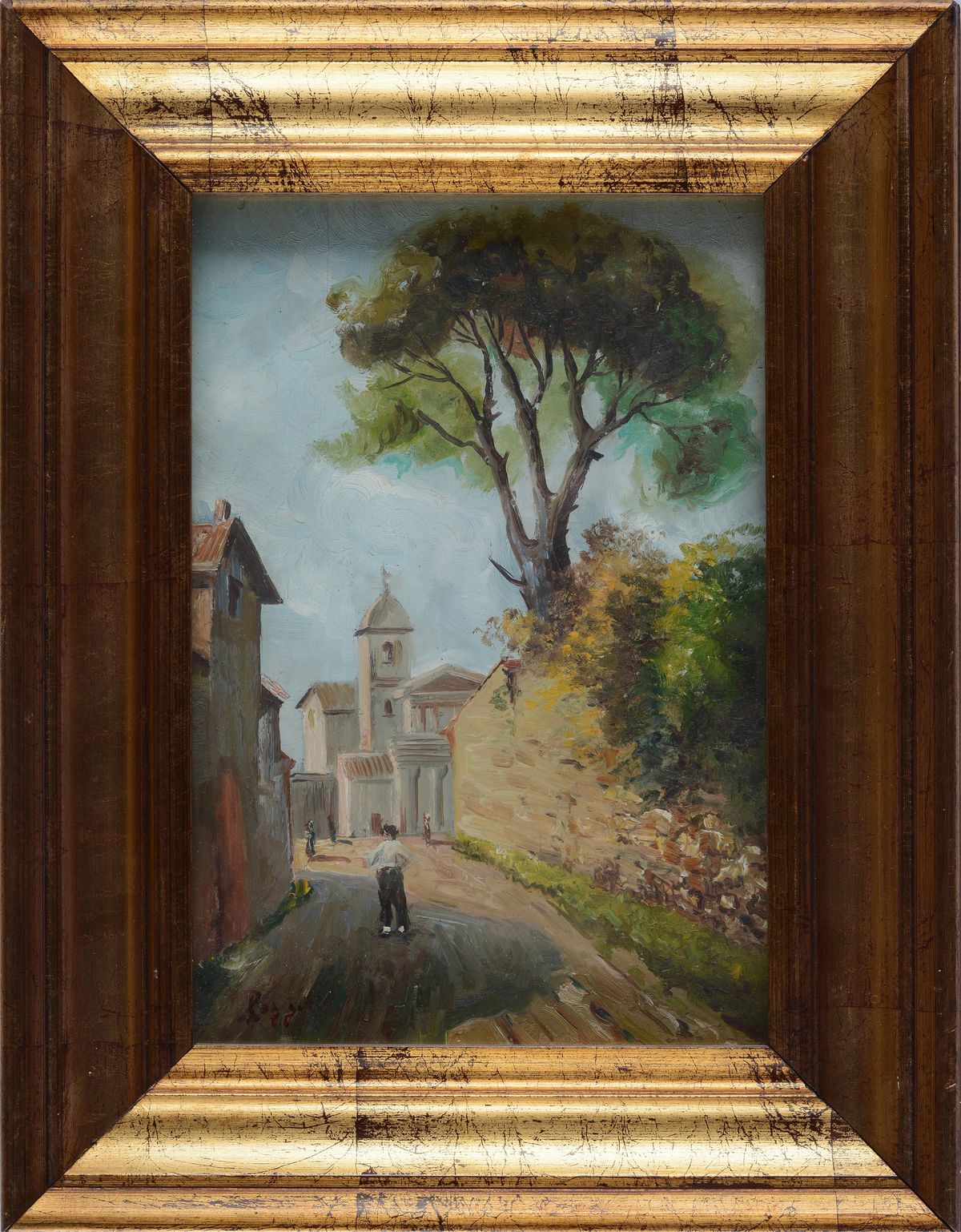 Mario Poggiali - Strada di Paese con Chiesa sullo Sfondo