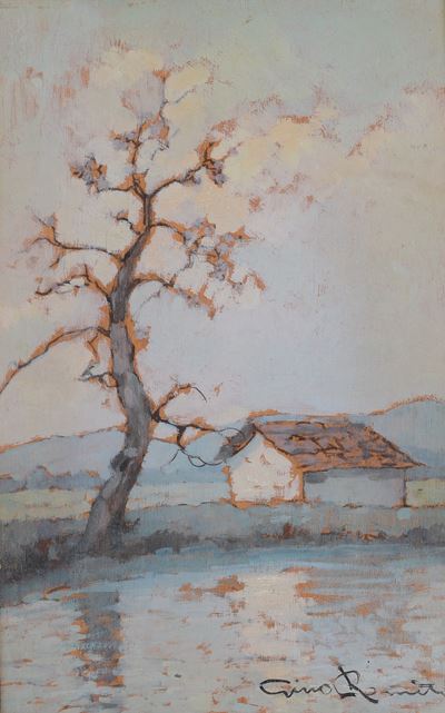 Paesaggio Lacustre con Albero e Casa