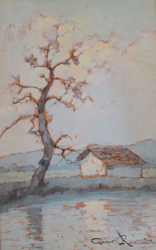 Gino Romiti - Paesaggio lacustre con albero e casa
