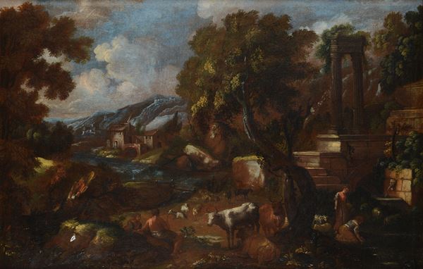 Anonimo, XVIII sec. - Rural landscape with ruins and village in the background