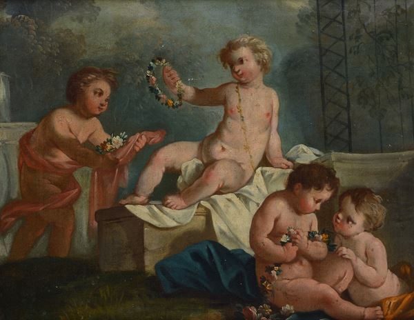 Scuola Italia Settentrionale, XVIII sec. - Putti with garland of flowers