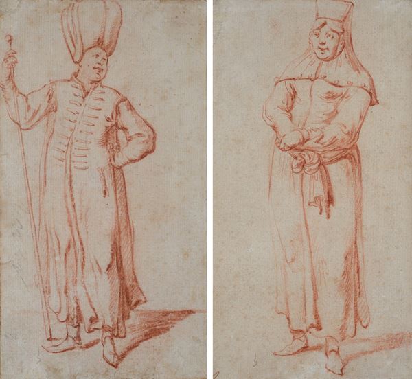 Scuola Italia Settentrionale, XVII sec. - Coppia di disegni - Figure all'orientale 