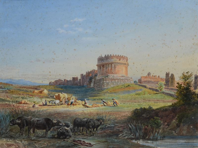 Giuseppe Costantini - Veduta del Mausoleo di Cecilia Metella con Pastori ed Armenti